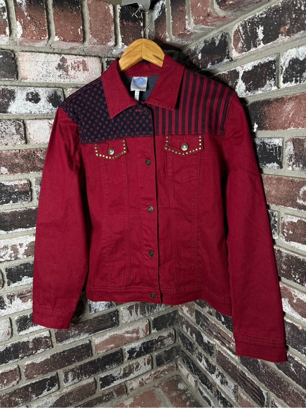 DG2 Red Denim Jean Collared USA Flag Stars and Stipes Button Up Jacket - Picture 2 of 7